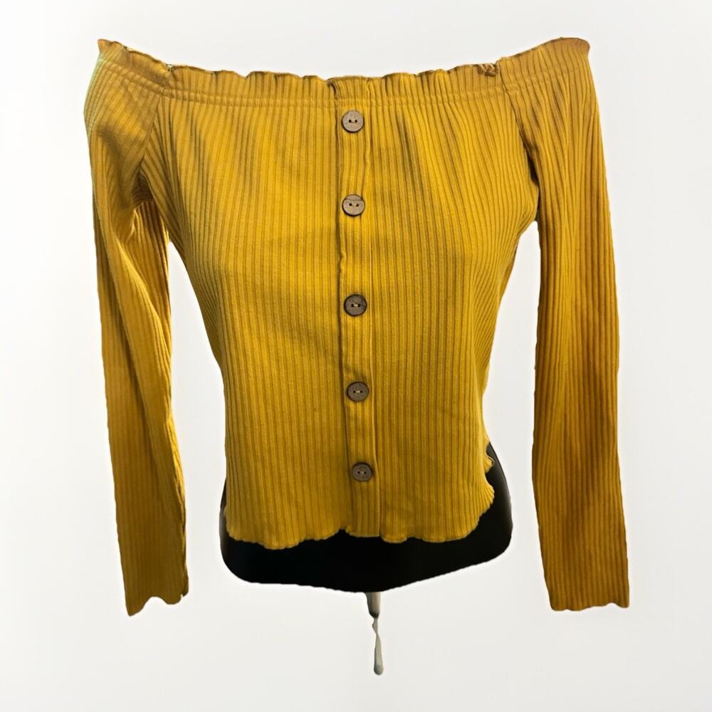 Iris Women Mustard Yellow Ribbed Off Shoulder Cropped Top Size Large Breathable